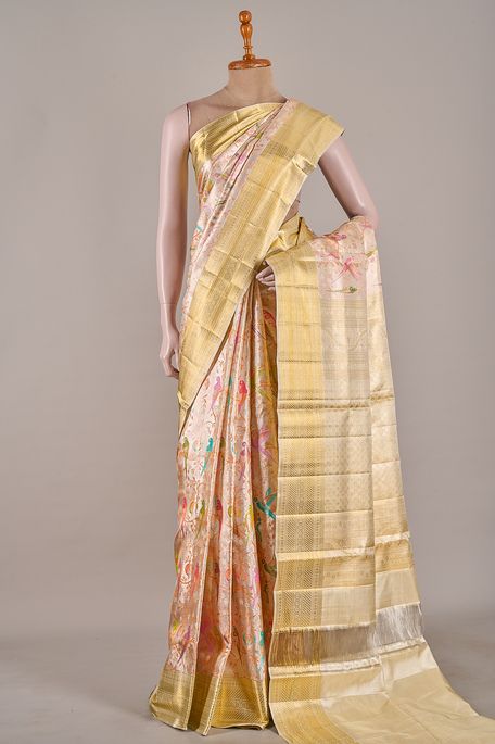 Kanchipuram silk tissue light grey saree with blouse