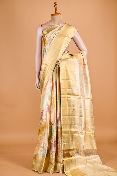 Kanchipuram silk tissue light khakhi green brown salmon onion pink sea green dew saree with blouse