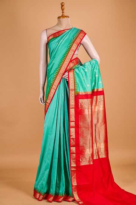 silk dark mint cream sea green saree with blouse