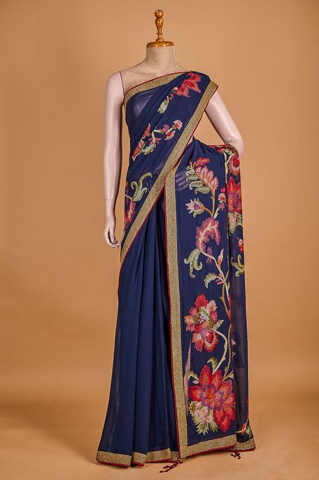 georgette dark navy blue saree with blouse