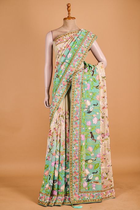 georgette natural beige tussar persian sea green blush saree with blouse