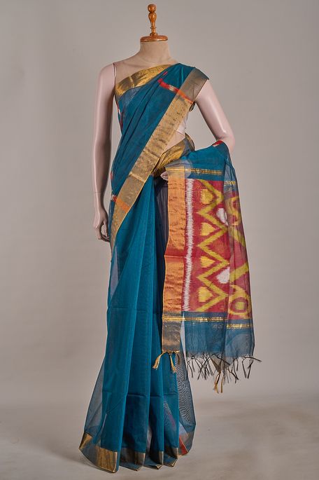 cotton dark pottery blue saree with blouse