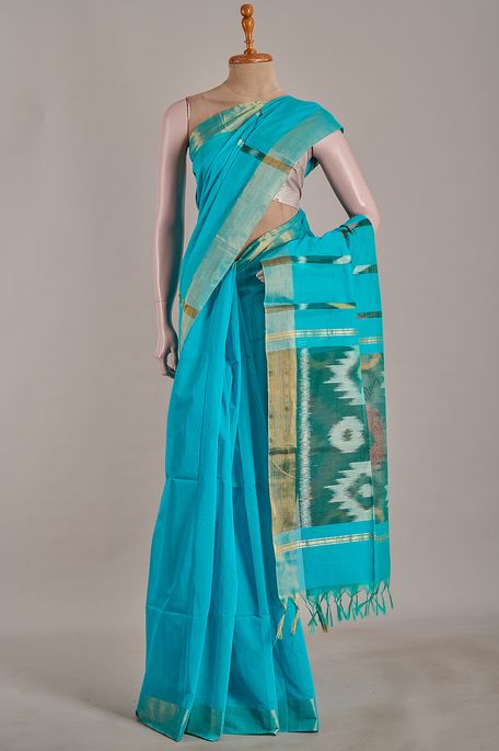 cotton sapphire aqua blue saree with blouse