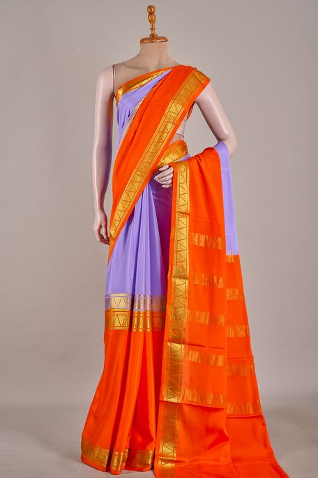 Mysore crepe lilac blue dark orange saree with blouse
