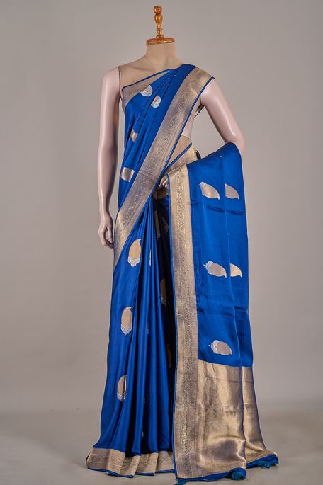 satin dark pottery blue saree with blouse