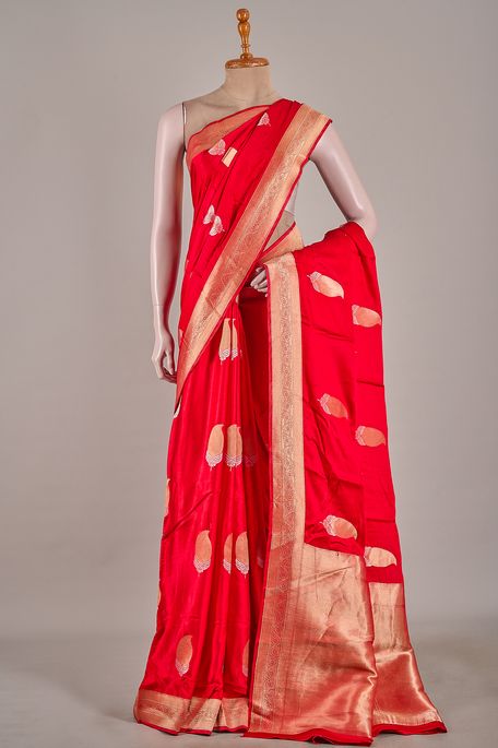 satin blood red saree with blouse