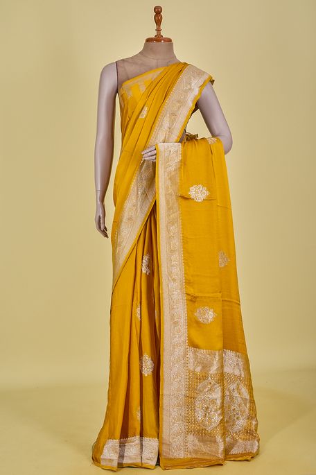satin golden yellow saree with blouse