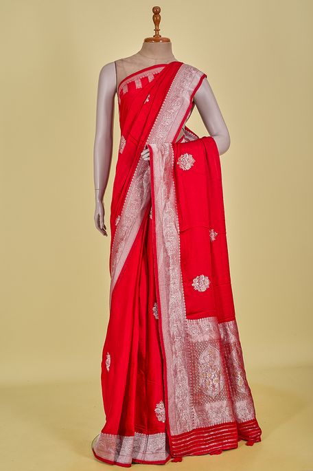 satin blood red saree with blouse