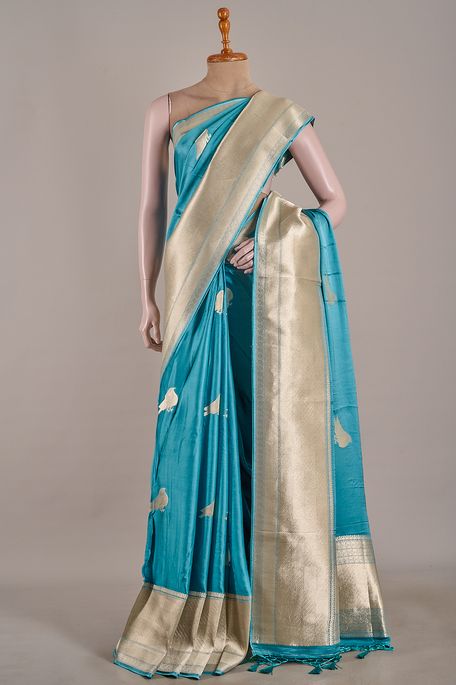 satin light teal blue saree with blouse