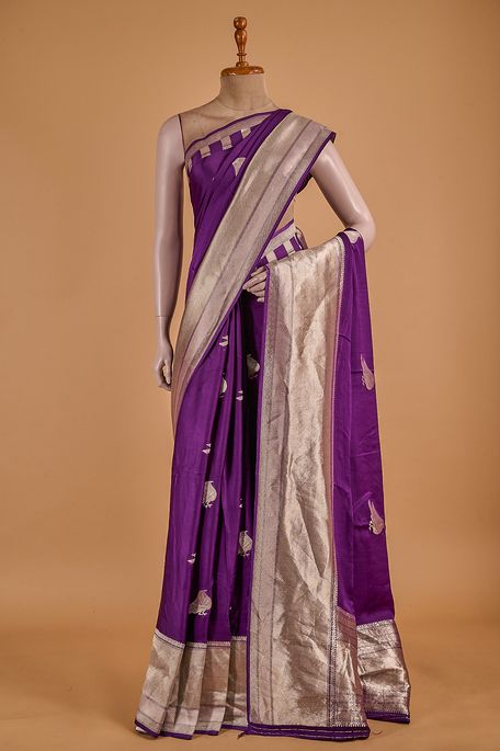 satin dark violet purple saree with blouse