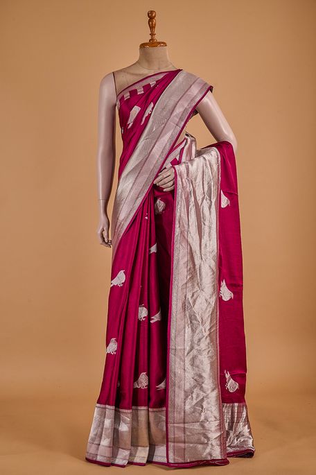 satin dark magenta pink saree with blouse