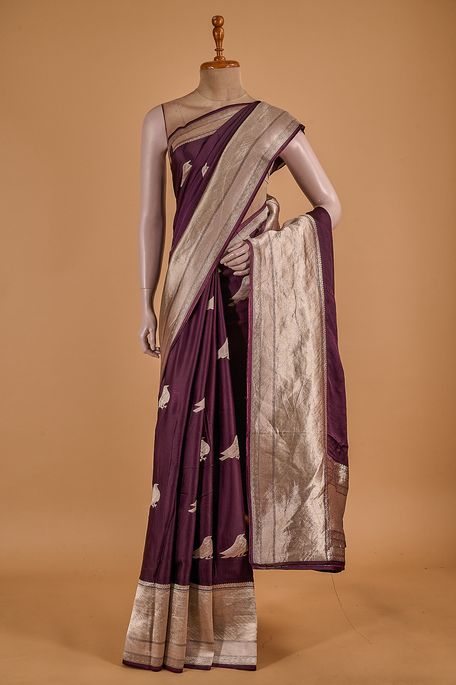 satin dark burgundy mauve saree with blouse
