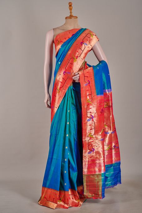 Paithani- silk dark sapphire aqua blue saree with blouse