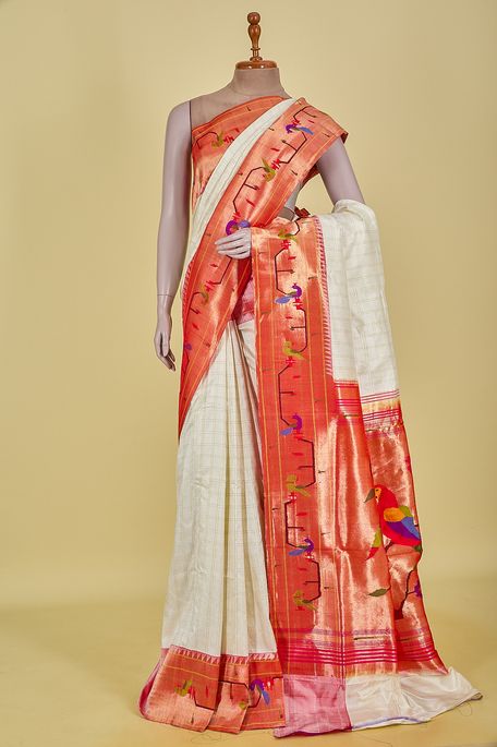 Paithani- silk natural beige tussar saree with blouse