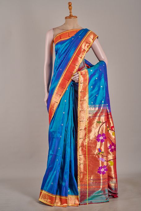 Paithani- silk bright pottery blue saree with blouse