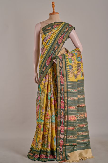 Kalamkari- tussar mustard saree with blouse