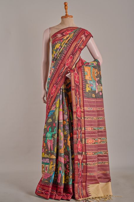 Kalamkari- tussar charcoal grey saree with blouse