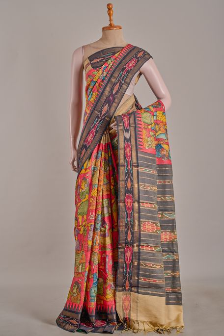 Kalamkari- tussar blood red saree with blouse
