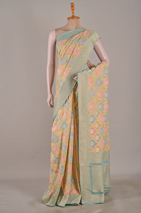 georgette dusky dark sky blue light khakhi green brown peach saree with blouse