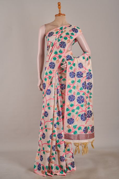 Jamdani cotton light beige saree with blouse