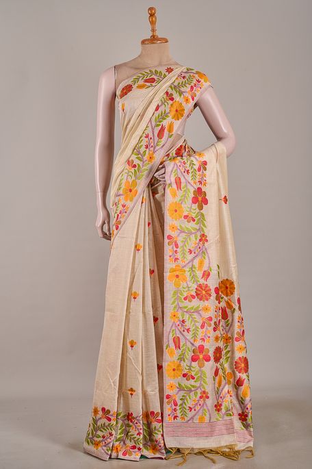 Jamdani cotton light beige saree with blouse