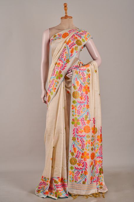 Jamdani cotton light beige saree with blouse