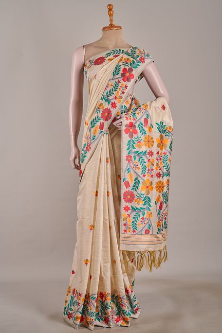 Jamdani cotton light beige saree with blouse