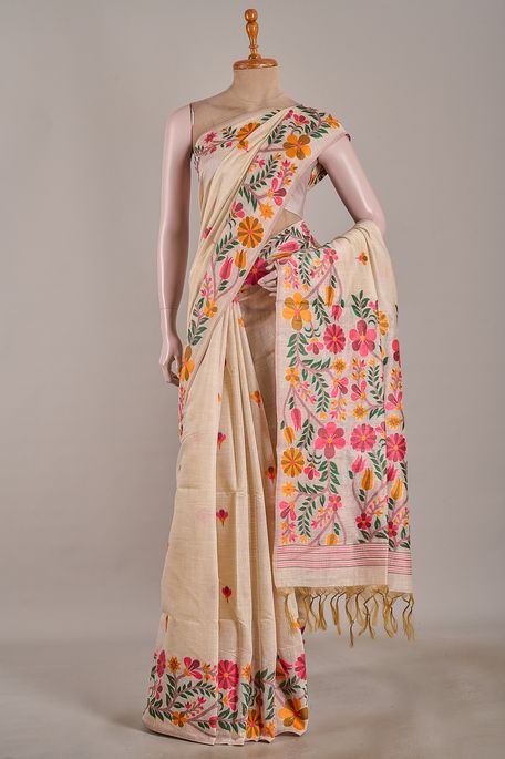 Jamdani cotton light beige saree with blouse