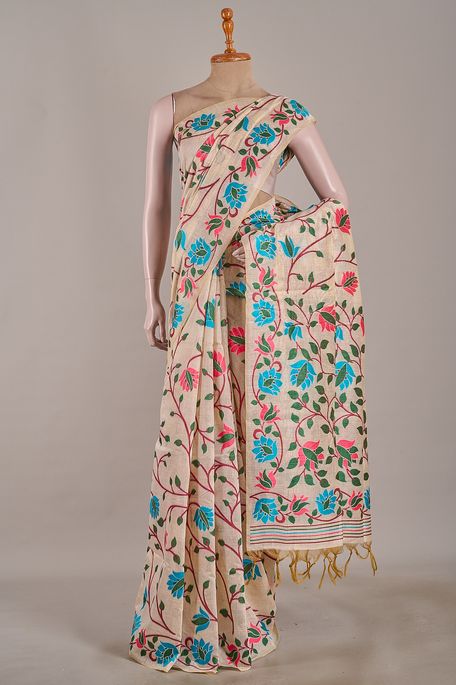 Jamdani cotton light beige saree with blouse