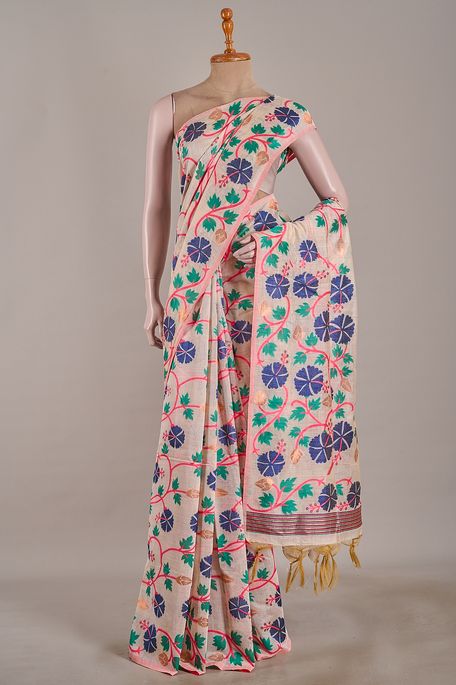 Jamdani cotton light beige saree with blouse