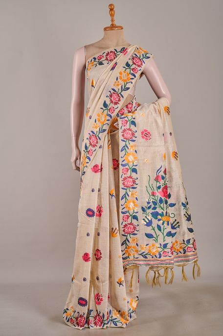Jamdani cotton light beige saree with blouse