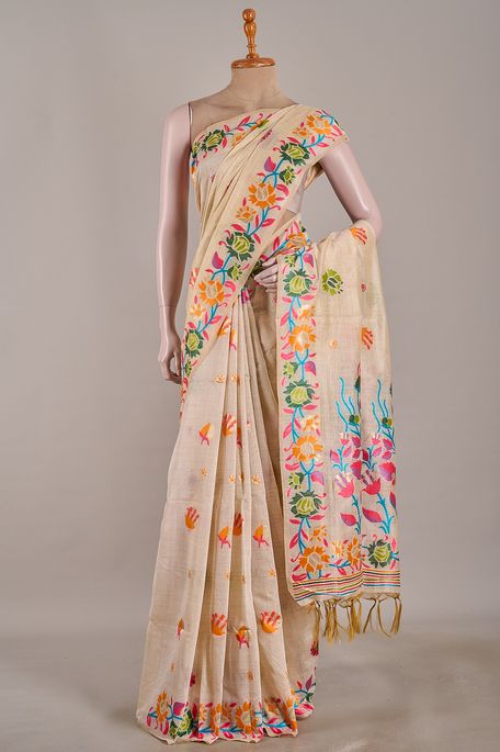 Jamdani cotton light beige saree with blouse