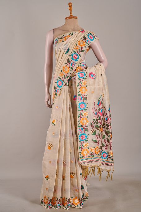 Jamdani cotton light beige saree with blouse