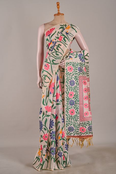Jamdani cotton light beige saree with blouse