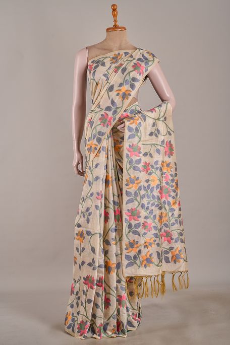 Jamdani cotton light beige saree with blouse