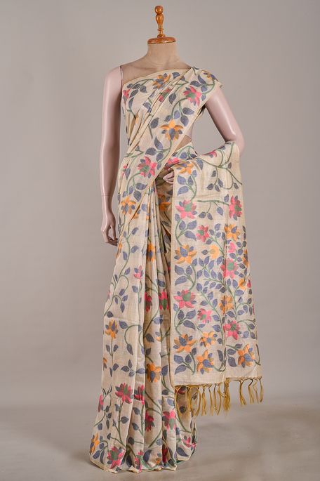 Jamdani cotton light beige saree with blouse