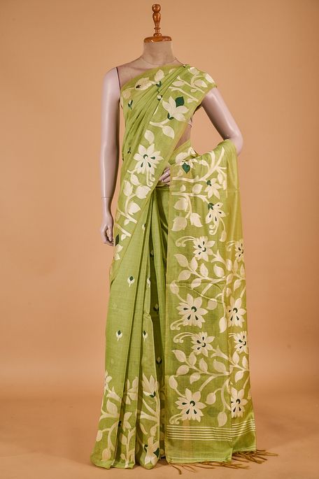 Jamdani cotton raw apple green saree with blouse