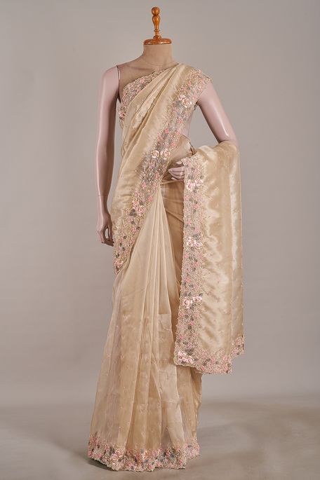 organza tissue natural beige tussar saree with blouse