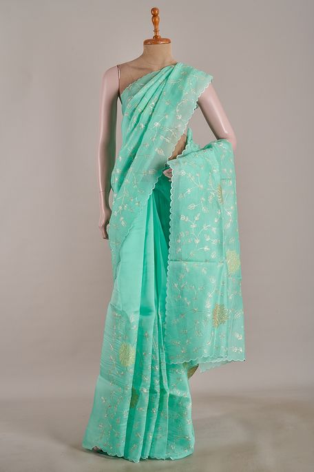 organza mint cream sea green saree with blouse