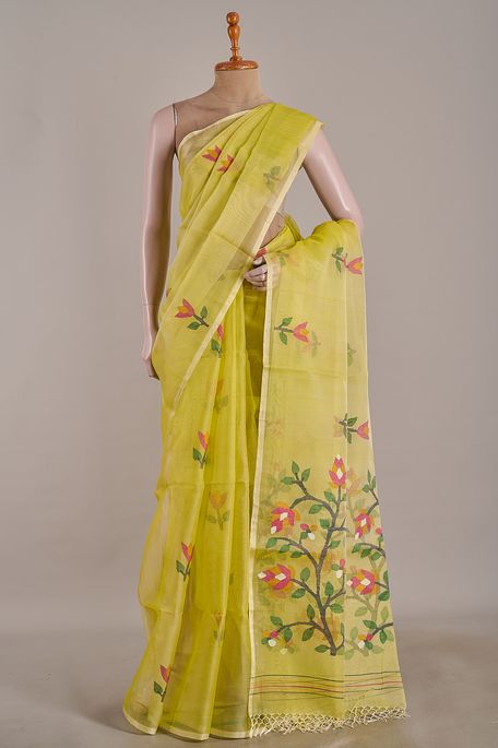 Jamdani organza light raw apple green saree with blouse