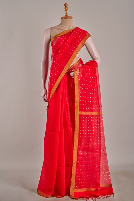 dupion organza blood red saree with blouse