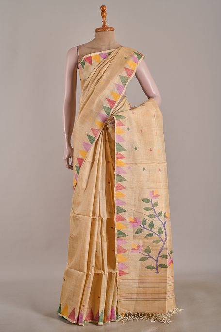 Jamdani tussar natural beige tussar saree with blouse