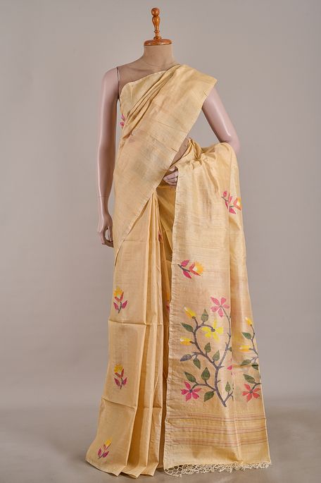 Jamdani tussar natural beige tussar saree with blouse