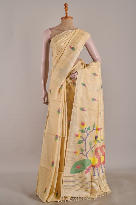 Jamdani tussar natural beige tussar saree with blouse
