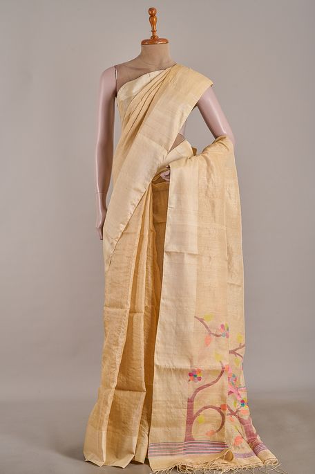 Jamdani tussar natural beige tussar saree with blouse