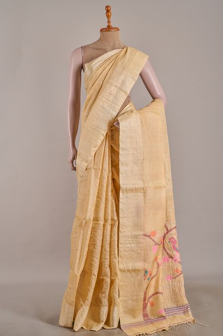Jamdani tussar natural beige tussar saree with blouse