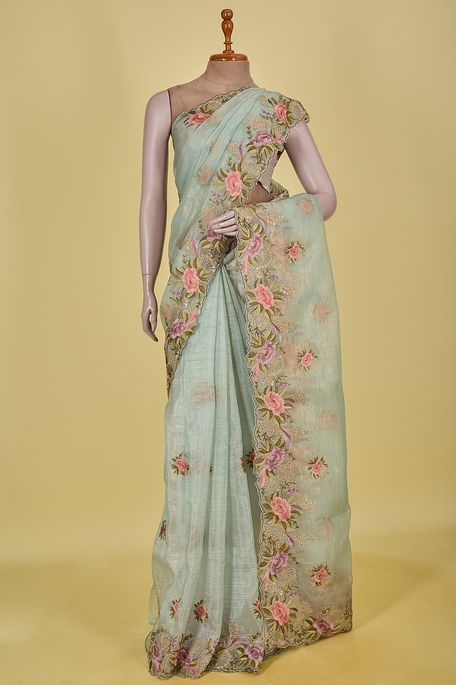 organza tissue mint cream sea green saree with blouse