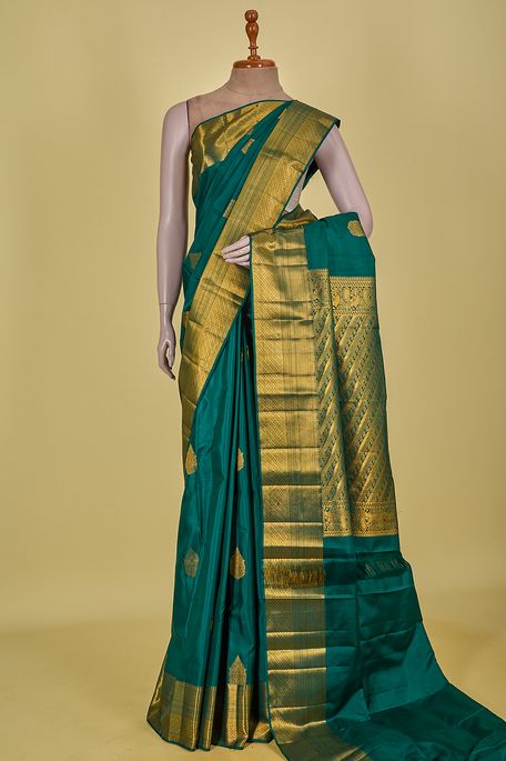 Kanchipuram silk dark pine sea green saree with blouse