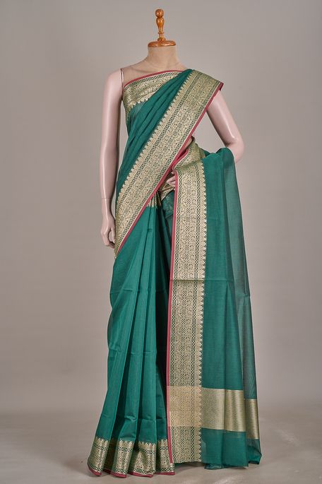 Banarasi kora cotton dark bottle green saree with blouse