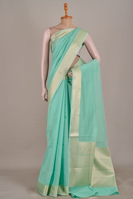 Banarasi kota cotton mint cream sea green saree with blouse
